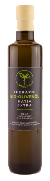 THERAPNI Native Organic Extra Virgin Olive Oil, filtered, 500ml bottle.