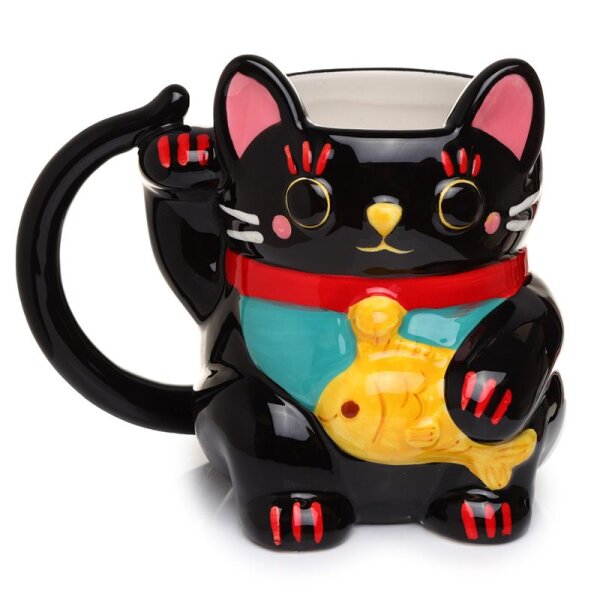 Black Maneki Neko lucky cat shaped cup made of dolomite ceramic.