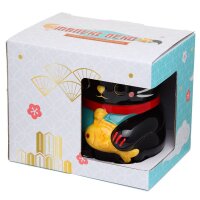 Black Maneki Neko lucky cat shaped cup made of dolomite ceramic.