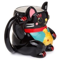 Black Maneki Neko lucky cat shaped cup made of dolomite ceramic.