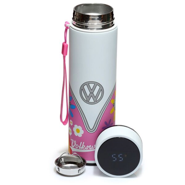 Volkswagen Bulli VW Bus T1 Summer Love wiederverwendbare Thermo Isolier- Edestahl Trinkflasche mit Digital Thermometer 450ml