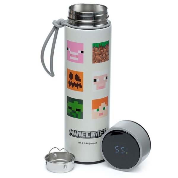 Minecraft Faces wiederverwendbare Thermo Isolier- Edestahl Trinkflasche mit Digital Thermometer 450ml
